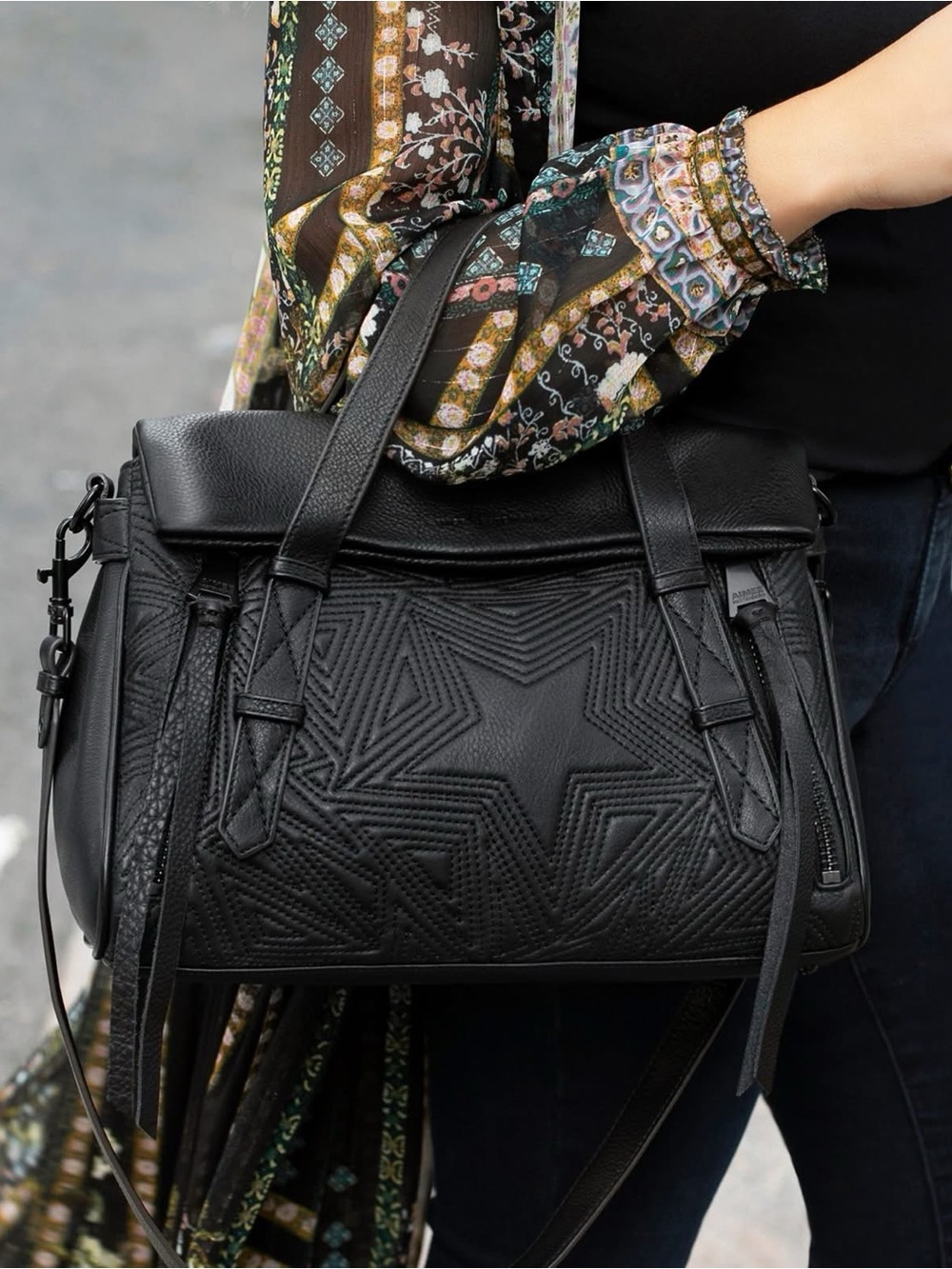 Aimee Kestenberg City Slicker Double Entry Black Quilted Star Satchel - Picture 3 of 10